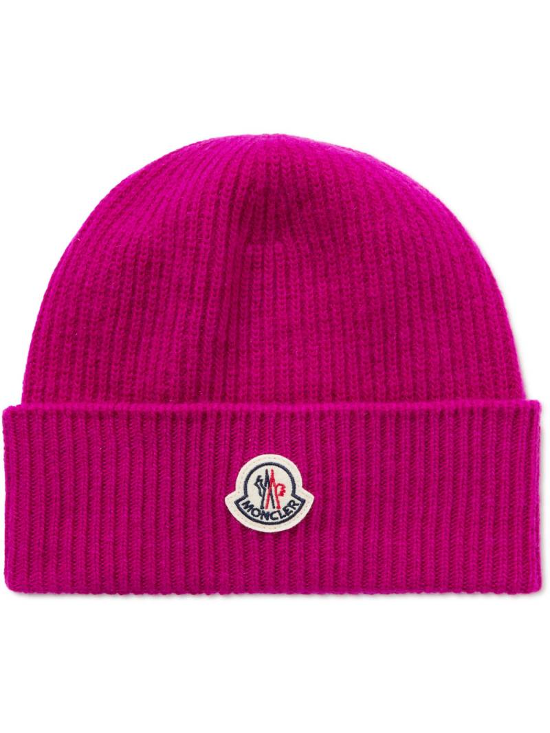 Moncler - Appliquéd Ribbed Virgin Wool and Cashmere-Blend Beanie - Men - Pink von Moncler