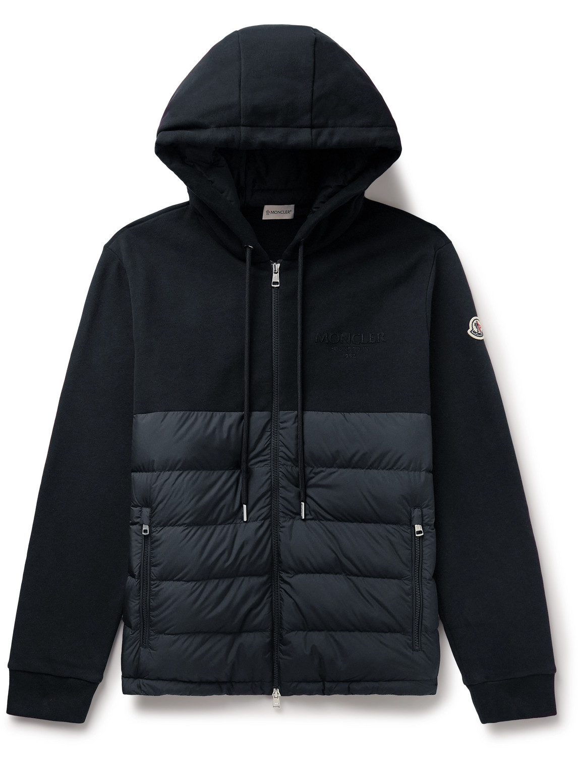 Moncler - Logo-Appliquéd Panelled Cotton-Jersey and Quilted Shell Down Zip-Up Hoodie - Men - Blue - XXL von Moncler