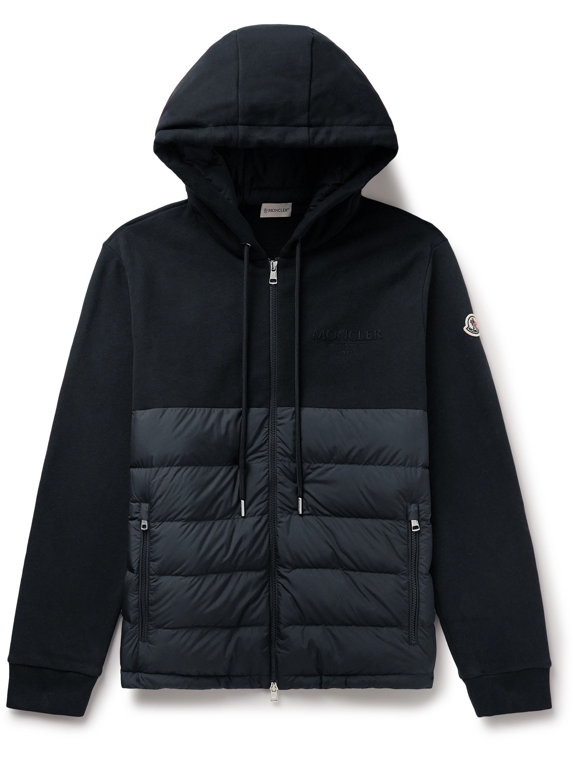 Moncler - Logo-Appliquéd Panelled Cotton-Jersey and Quilted Shell Down Zip-Up Hoodie - Men - Blue - XXXL von Moncler