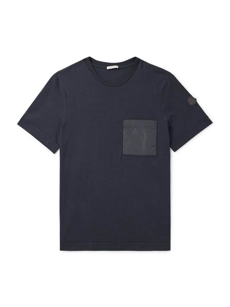 Moncler - Logo-Appliquéd Shell-Trimmed Cotton and Cashmere-Blend Jersey T-Shirt - Men - Blue - S Moncler - Logo-Appliquéd Shell-Trimmed Cotton and Cashmere-Blend Jersey T-Shirt - Men - Blue - S von Moncler