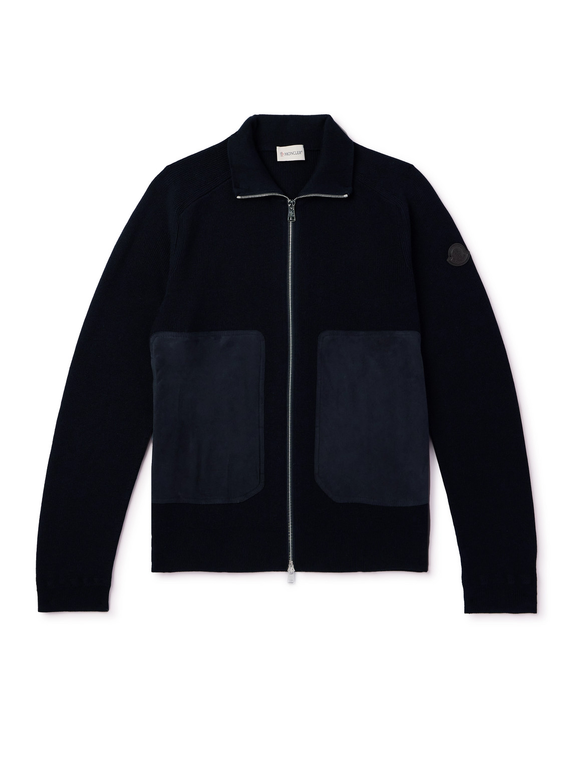 Moncler - Logo-Appliquéd Suede-Trimmed Cotton and Cashmere-Blend Zip-Up Cardigan - Men - Blue - XL von Moncler