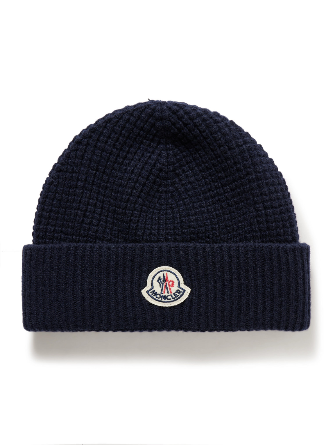Moncler - Logo-Appliquéd Waffle-Knit Virgin Wool and Cashmere-Blend Beanie - Men - Blue von Moncler