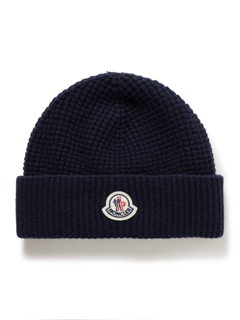 Moncler - Logo-Appliquéd Waffle-Knit Virgin Wool and Cashmere-Blend Beanie - Men - Blue von Moncler