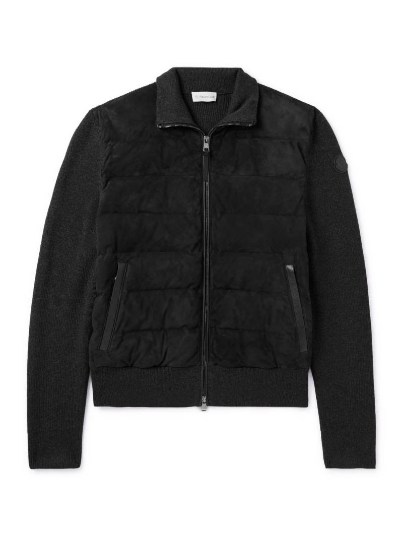 Moncler - Slim-Fit Logo-Appliquéd Leather-Trimmed Quilted Suede and Virgin Wool Down Cardigan - Men - Black - M von Moncler