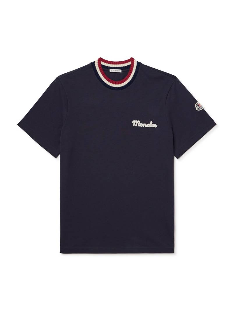 Moncler - Striped Stretch-Knit Trimmed Logo-Appliquéd Cotton-Jersey T-Shirt - Men - Blue - XXL von Moncler