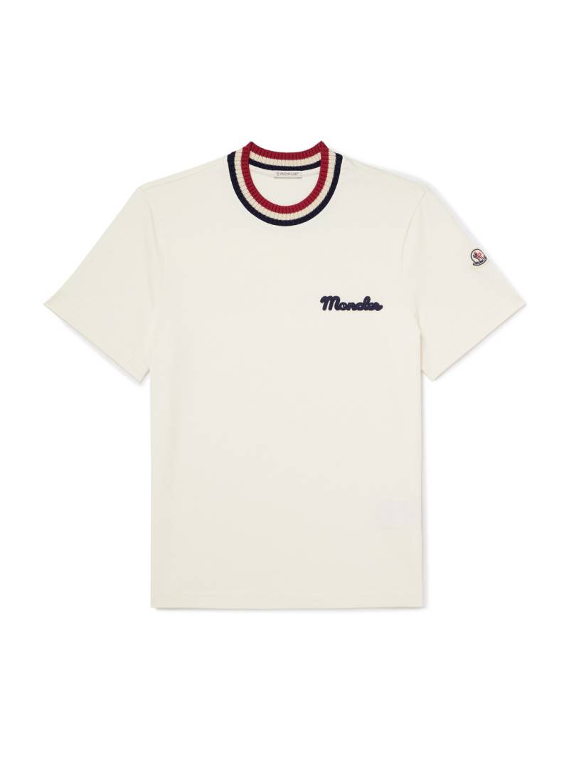 Moncler - Striped Stretch-Knit Trimmed Logo-Appliquéd Cotton-Jersey T-Shirt - Men - Neutrals - L von Moncler