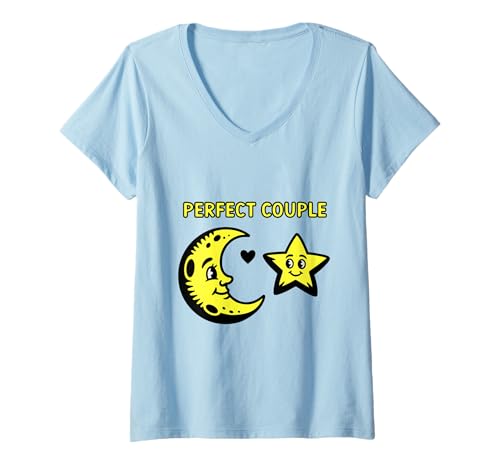 Damen Perfekte Couple Mond Sterne Lächeln T-Shirt mit V-Ausschnitt Damen Perfekte Couple Mond Sterne Lächeln T-Shirt mit V-Ausschnitt von Mond Sterne Perfekte Paare Nacht Himmel