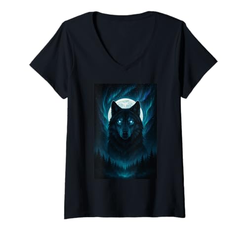 Damen Wolf Bei Vollmond Und Nordlichter T-Shirt mit V-Ausschnitt Damen Wolf Bei Vollmond Und Nordlichter T-Shirt mit V-Ausschnitt von Mond Und Wolf Nordlichter Mystik Wald