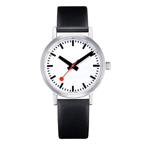 Mondaine Offizielle Schweizer Bahnhofsuhr Classic Damen-/ Herren-Uhr, Analoge Quartzuhr mit Schwarzem Lederarmband von Mondaine