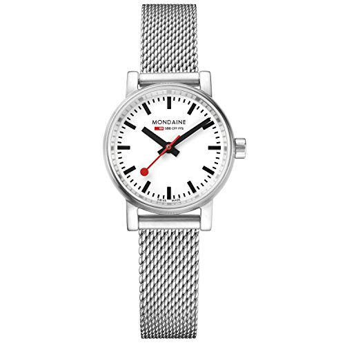 Mondaine - Evo2 MSE.26110.SM - Damen Uhr 26mm - Bahnhofsuhr in Silber Edelstahl Armband - 30m Wasserdicht Saphirglas mit rotem Sekundenzeiger - Hergestellt in der Schweiz von Mondaine