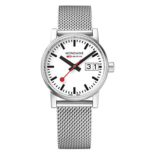 Mondaine - Evo2 MSE.30210.SM - Damen Uhr 30mm - Bahnhofsuhr in Silber mit Datumsanzeige - 30m Wasserdicht Saphirglas mit rotem Sekundenzeiger - Hergestellt in der Schweiz von Mondaine