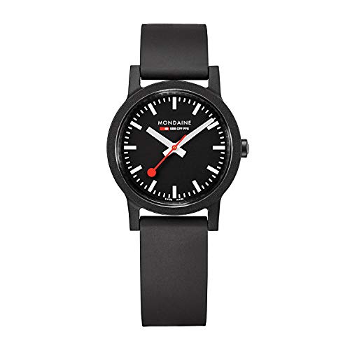 Mondaine - Essence MS1.32120.RB - Herren und Damen Uhr 32mm - Bahnhofsuhr in Schwarz schwarzem Armband aus recycelten Rohstoffen - 30m Wasserdicht nachhaltig - Hergestellt in der Schweiz von Mondaine