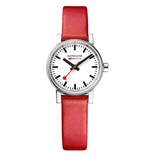 Mondaine - Evo2 MSE.26110.LC - Damen Uhr 26mm - Bahnhofsuhr in Silber rotem Lederarmband - 30m Wasserdicht Saphirglas mit rotem Sekundenzeiger - Hergestellt in der Schweiz von Mondaine