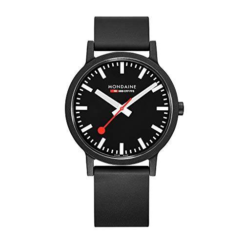 Mondaine - Essence MS1.41120.RB - Herrenuhr 41mm - Bahnhofsuhr in Schwarz schwarzem Armband aus recycelten Rohstoffen - 30m Wasserdicht nachhaltig v von Mondaine