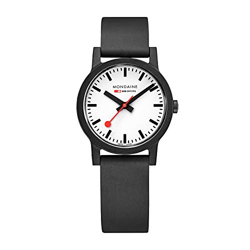 Mondaine - Essence MS1.32110.RB - Herren und Damen Uhr 32mm - Bahnhofsuhr in Schwarz schwarzem Armband aus recycelten Rohstoffen - 30m Wasserdicht nachhaltig - Hergestellt in der Schweiz von Mondaine