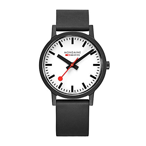 Mondaine - Essence MS1.41110.RB - Herrenuhr 41mm - Bahnhofsuhr in Schwarz schwarzem Armband aus Recyceltes Material/Rohstoffen - 30m Wasserdicht nachhaltig - Hergestellt in der Schweiz von Mondaine