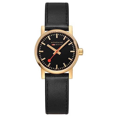 Mondaine - Evo2 MSE.30120.LB - Damen Uhr 30mm - Bahnhofsuhr in Gold mit schwarzem Lederarmband - 30m Wasserdicht Saphirglas - Hergestellt in der Schweiz von Mondaine