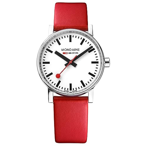 Mondaine - Evo2 MSE.35110.LC - Herren und Damen Uhr 35mm - Bahnhofsuhr in Silber rotem Lederarmband - 30m Wasserdicht Saphirglas mit rotem Sekundenzeiger - Hergestellt in der Schweiz von Mondaine