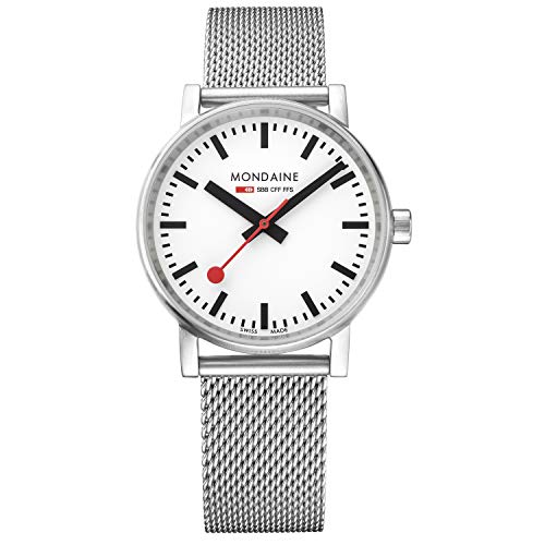 Mondaine - Evo2 MSE.35110.SM - Herren und Damen Uhr 35mm - Bahnhofsuhr in Silber Edelstahl Armband - 30m Wasserdicht Saphirglas mit rotem Sekundenzeiger - Hergestellt in der Schweiz von Mondaine