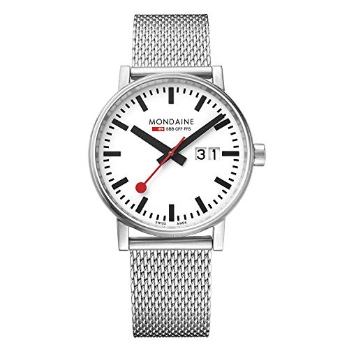 Mondaine - Evo2 MSE.40210.SM - Herrenuhr 40mm - Bahnhofsuhr in Silber Datumsanzeige Edelstahl Armband - 30m Wasserdicht Saphirglas mit rotem Sekundenzeiger - Hergestellt in der Schweiz von Mondaine