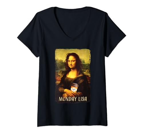 Damen Montag Lisa Gioconda Mona Lisa mit Kaffee T-Shirt mit V-Ausschnitt Damen Montag Lisa Gioconda Mona Lisa mit Kaffee T-Shirt mit V-Ausschnitt von Monday Lisa Gioconda Mona Lisa With Coffee