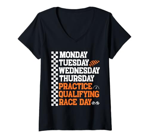 Damen Monday Tuesday Wednesday Thursday Practice Qualifying Race T-Shirt mit V-Ausschnitt Damen Monday Tuesday Wednesday Thursday Practice Qualifying Race T-Shirt mit V-Ausschnitt von Monday Tuesday Wednesday Thursday Practice Day
