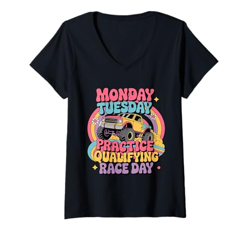 Damen Monday Tuesday Wednesday Thursday Practice Qualifying Race T-Shirt mit V-Ausschnitt Damen Monday Tuesday Wednesday Thursday Practice Qualifying Race T-Shirt mit V-Ausschnitt von Monday Tuesday Wednesday Thursday Practice Day