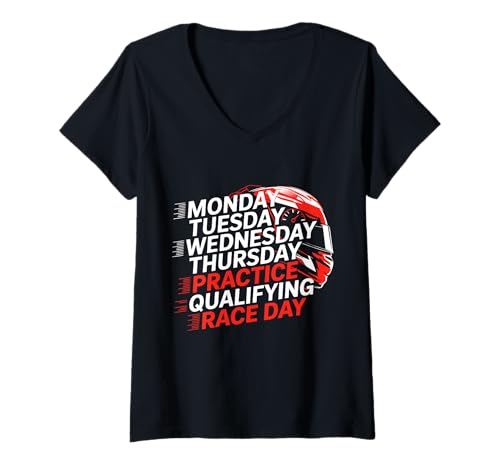 Damen Monday Tuesday Wednesday Thursday Practice Qualifying Race T-Shirt mit V-Ausschnitt Damen Monday Tuesday Wednesday Thursday Practice Qualifying Race T-Shirt mit V-Ausschnitt von Monday Tuesday Wednesday Thursday Practice Day