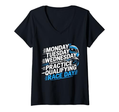 Damen Monday Tuesday Wednesday Thursday Practice Qualifying Race T-Shirt mit V-Ausschnitt Damen Monday Tuesday Wednesday Thursday Practice Qualifying Race T-Shirt mit V-Ausschnitt von Monday Tuesday Wednesday Thursday Practice Day