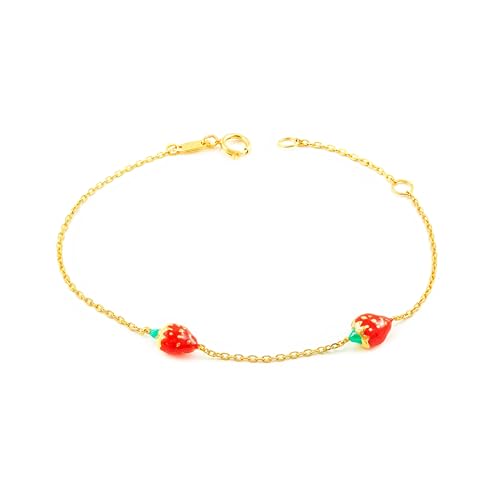 9K Gelbgold Kinder Armband mehrfarbigem Emaille Glanz 15 cm Länge Erdbeeren Motiv - Geschenkbox - Garantiezertifikat - Mondepetit von Monde Petit