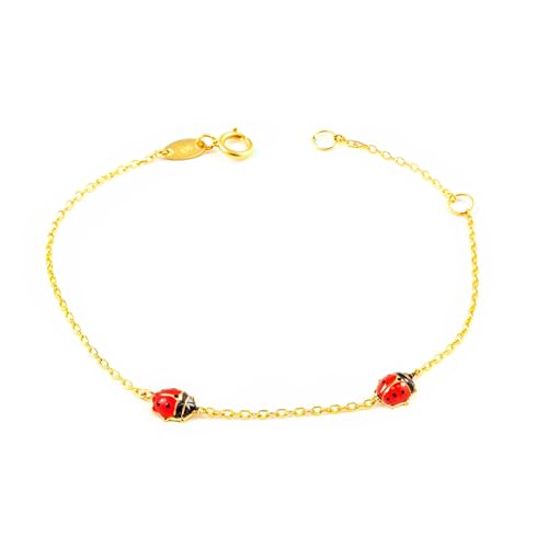 9K Gelbgold Mädchen Kinder Armband roter schwarzer Marienkäfer Emaille 15 cm Glanzlänge - Geschenkbox - Garantiezertifikat - Mondepetit von Monde Petit