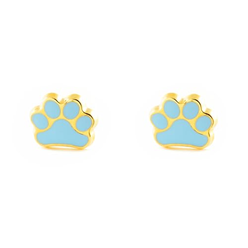 Damen & Kinder Blaue Emaille Pfote Ohrstecker Gelbgold 9k - Mondepetit - Geschenkbox - Garantiezertifikat von Monde Petit