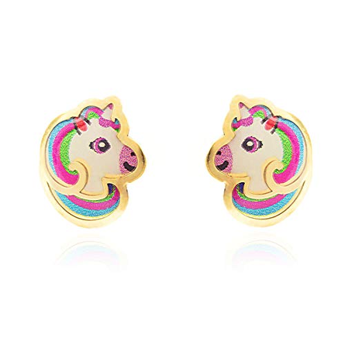 Damen & Kinder Emaille Einhorn Ohrstecker - Gelbgold 9 Karat (375) - Geschenkbox - Garantiezertifikat von Monde Petit