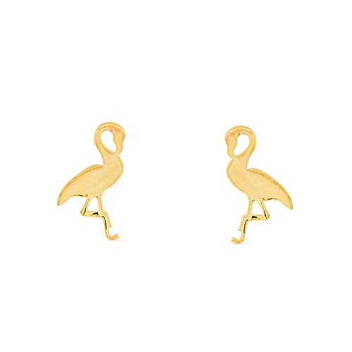 Damen & Kinder Flamingo Ohrstecker - Gelbgold 9 Karat (375) - Geschenkbox - Garantiezertifikat von Monde Petit