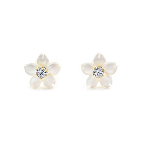 Damen & Kinder Perlmutt Blumen Ohrstecker - Gelbgold 18 Karat (750) - Geschenkbox - Garantiezertifikat von Monde Petit