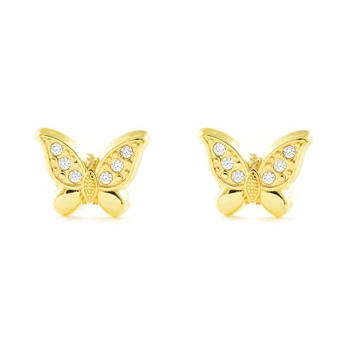 Damen & Kinder Schmetterling Zirkon Ohrstecker Gelbgold 9k - Mondepetit - Geschenkbox - Garantiezertifikat von Monde Petit