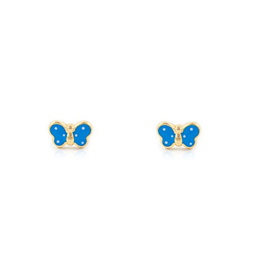 Damen & Kinder blauer Schmetterling Ohrstecker - Gelbgold 9 Karat (375) von Monde Petit