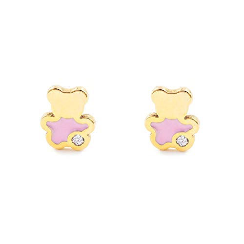 Damen & Kinder rosa bear Ohrstecker - Gelbgold 9 Karat (375) - Geschenkbox - Garantiezertifikat von Monde Petit