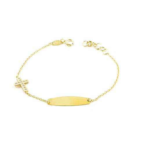 Mädchen Armband Gelbgold 9K personalisiert Kreuz horizontal Zirkonia Glanz 14 cm - Geschenkbox - Garantiezertifikat - Mondepetit von Monde Petit