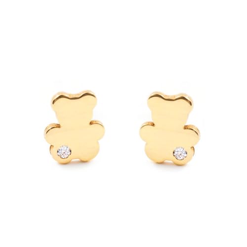 Mädchen-Baby Ohrringe Gelbgold 18K Glattes Bär Zirkonia Glanz - Geschenkbox - Garantiezertifikat - Mondepetit von Monde Petit