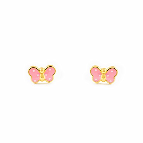 Monde Petit T1663P - Pendientes de bebe/niña oro 18 kts. mariposa esmaltada, color rosa - Geschenkbox - Garantiezertifikat von Monde Petit