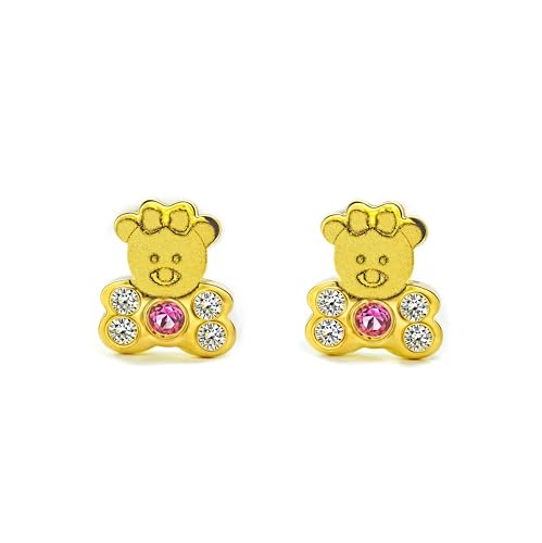 Mondepe 3056 Ohrringe für Mädchen, Gelbgold, 18 Karat (18 Karat), Bär und synthetischer Rubin, matt und glänzend von Monde Petit