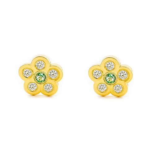 Mondepe 3058 Ohrringe für Babys, Mädchen, Gelbgold, 18 Karat (18 Karat), Blume Gänseblümchen, Zirkonia und synthetischer Smaragd, glänzend von Monde Petit