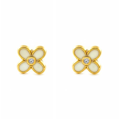 Mondepe 3117 Ohrringe für Mädchen, Gelbgold, 9 Karat (9 Karat), vierblättriges Emaille, glänzend, Weiß von Monde Petit