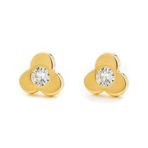 Mondepetit - Kleeblatt Zirkon Kinder Mädchen Ohrringe Gelbgold 18K - Geschenkbox - Garantiezertifikat von Monde Petit