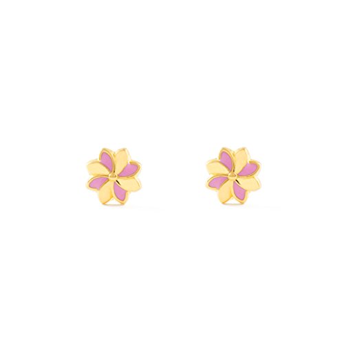 Mondepetit - Rosa Emaille Blume Kinder Mädchen Ohrringe Gelbgold 18K - Geschenkbox - Garantiezertifikat von Monde Petit