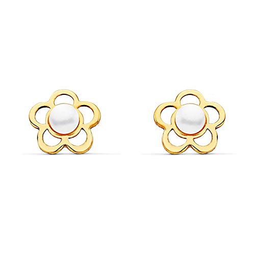 18 K Yellow Gold flower pearl Baby Earrings von Monde Petit