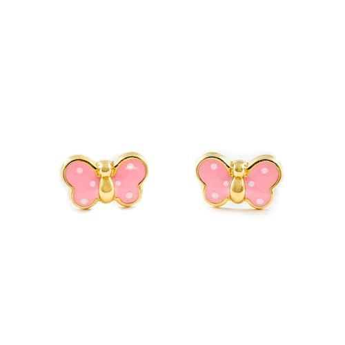 Damen & Kinder rosa Schmetterlings Ohrstecker - Gelbgold 9 Karat (375) von Monde Petit