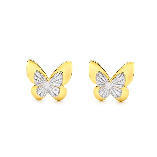 Kinder Schmetterling Texturiert Ohrringe Bicolor Gold 9K - Geschenkbox - Garantiezertifikat - Mondepetit von Monde Petit