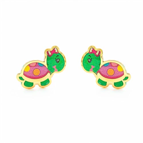 Ohrringe Mädchen Gelbgold 9K Karat bunte glänzende emaillierte Schildkröte - Geschenkbox - Garantiezertifikat - Mondepetit von Monde Petit